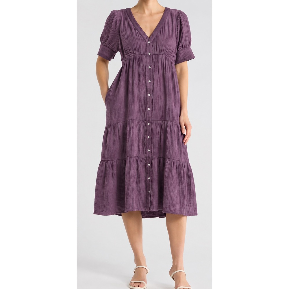 Madewell Lightspun Tiered Button Front Purple Cotton Gauze Midi Dress Size 2